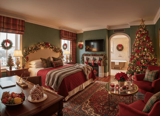 Christmas Hotel Room interior design - professional christmas hotel room with sophisticated decor and premium finishes