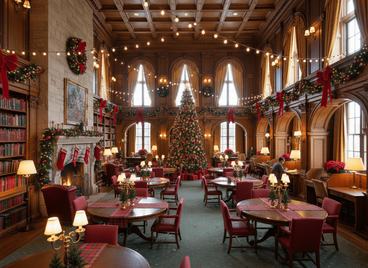 Christmas Library interior design - professional christmas library with sophisticated decor and premium finishes