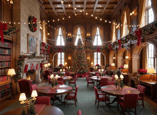 Christmas Library interior design - professional christmas library with sophisticated decor and premium finishes