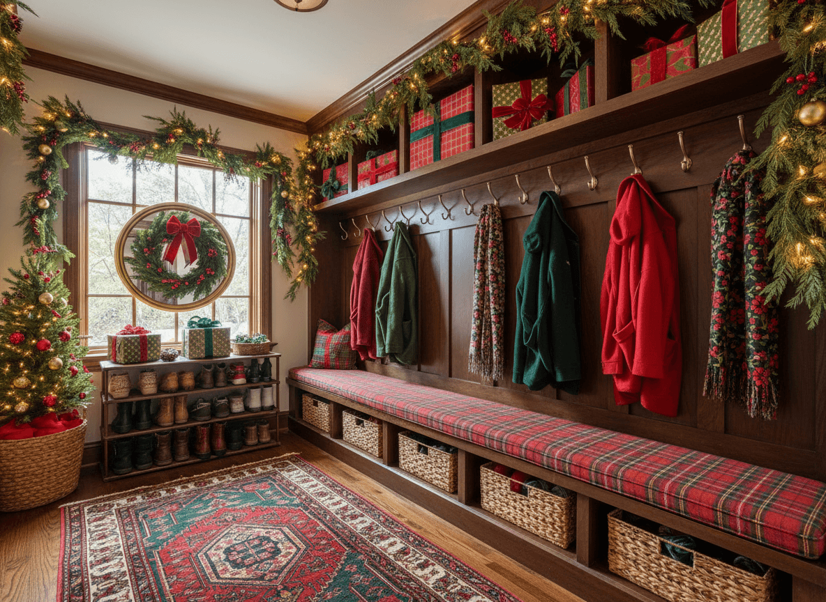 Christmas Mudroom interior design - professional christmas mudroom with sophisticated decor and premium finishes