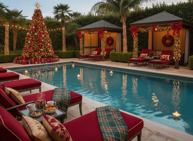 Christmas Outdoor Pool Area interior design - professional christmas outdoor pool area with sophisticated decor and premium finishes