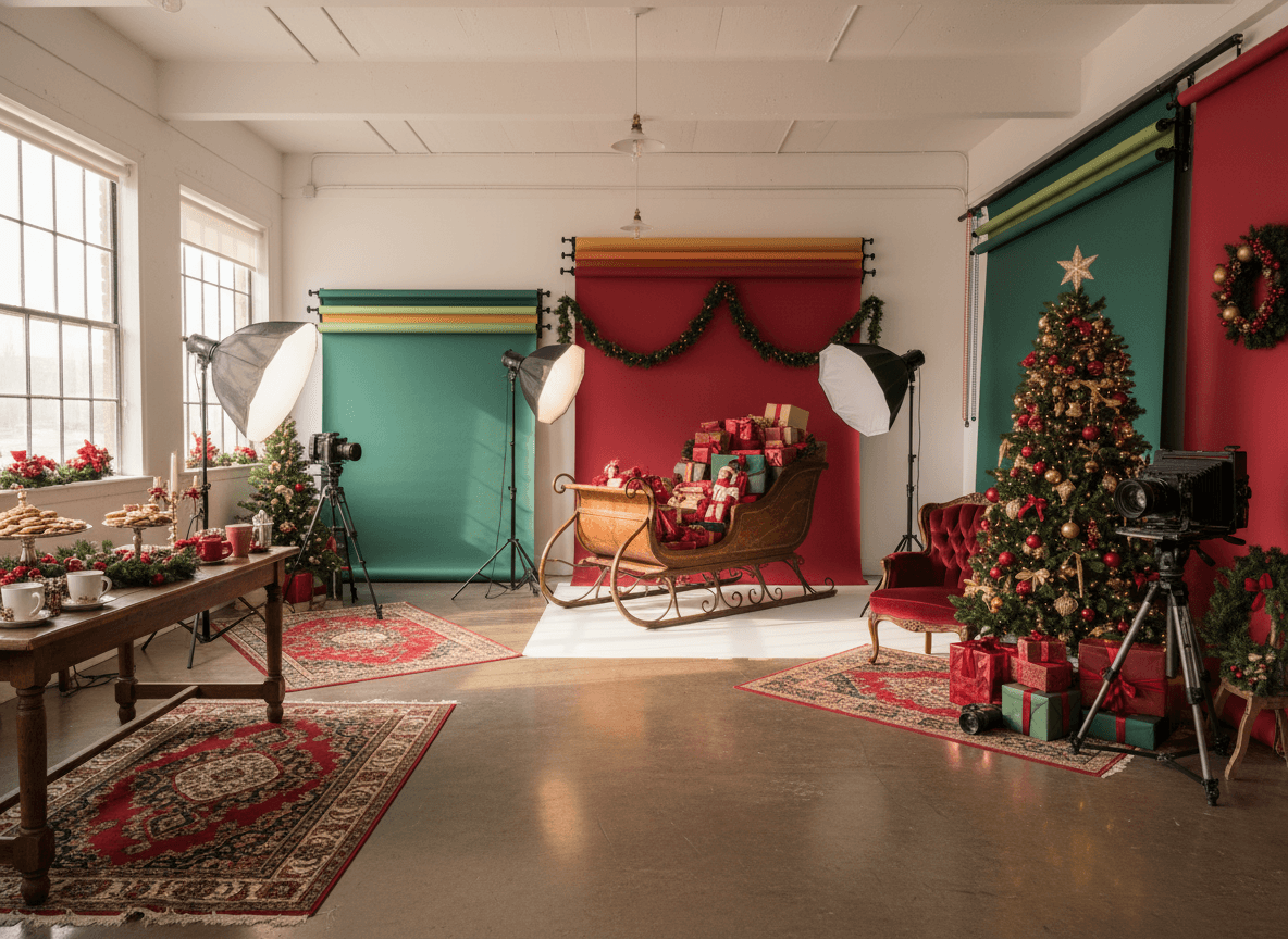 Christmas Photography Studio interior design - professional christmas photography studio with sophisticated decor and premium finishes