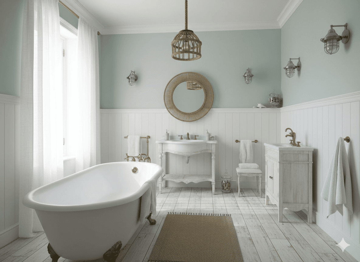 photo from pinterest of coastal-style interior designed (bathroom interior) with shower and bath towel and bathroom sink with faucet and bathtub and bathroom cabinet and toilet seat and bath rail and mirror. . with . . cinematic photo, highly detailed, cinematic lighting, ultra-detailed, ultrarealistic, photorealism, 8k. trending on pinterest. coastal interior design style.
