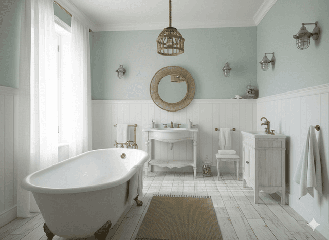 photo from pinterest of coastal-style interior designed (bathroom interior) with shower and bath towel and bathroom sink with faucet and bathtub and bathroom cabinet and toilet seat and bath rail and mirror. . with . . cinematic photo, highly detailed, cinematic lighting, ultra-detailed, ultrarealistic, photorealism, 8k. trending on pinterest. coastal interior design style.