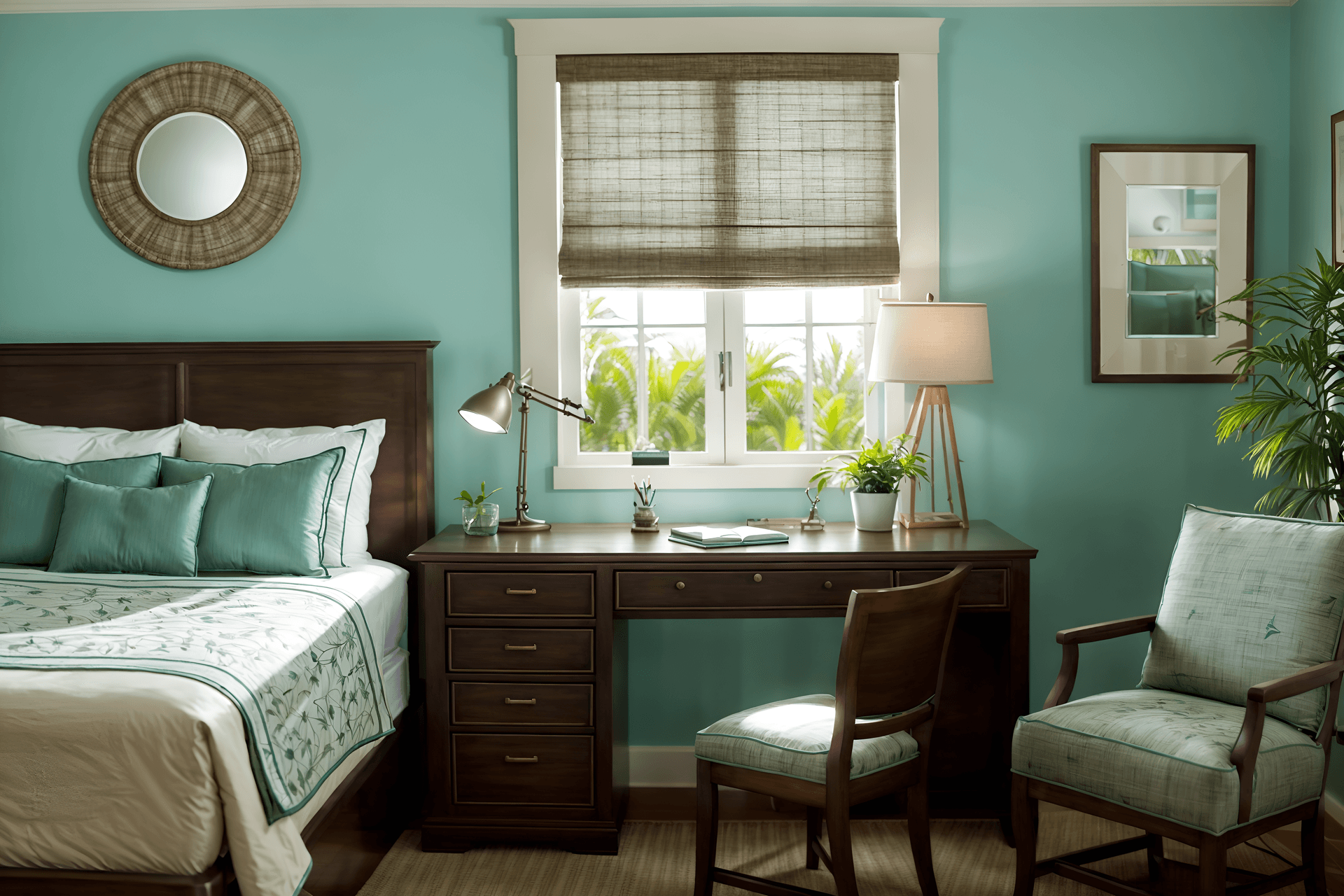 coastal-style (hotel room interior) with working desk with desk chair and plant and storage bench or ottoman and mirror and headboard and accent chair and night light and bedside table or night stand. . with . . cinematic photo, highly detailed, cinematic lighting, ultra-detailed, ultrarealistic, photorealism, 8k. coastal interior design style.