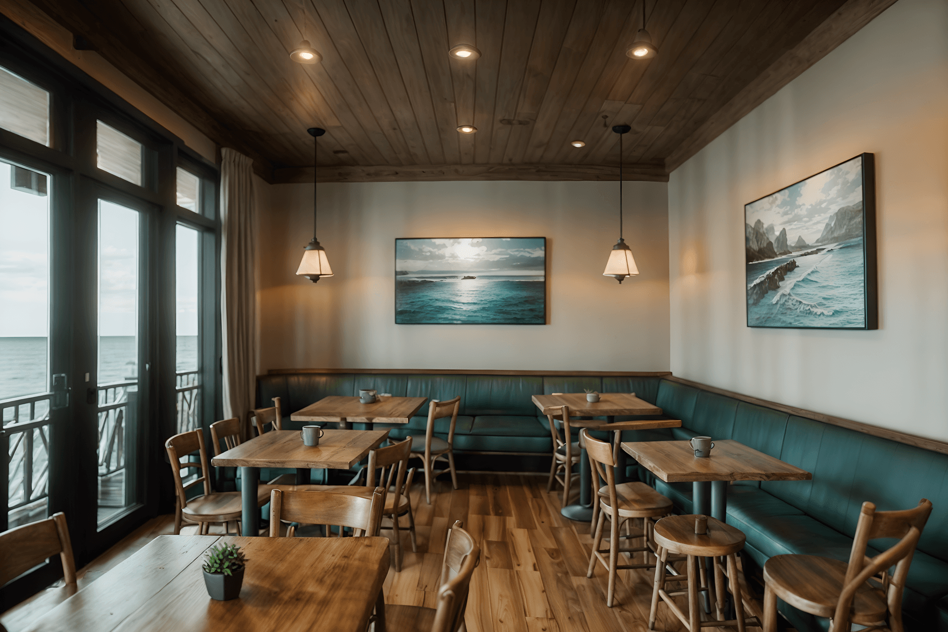 coastal-style (coffee shop interior) . with . . cinematic photo, highly detailed, cinematic lighting, ultra-detailed, ultrarealistic, photorealism, 8k. coastal interior design style.