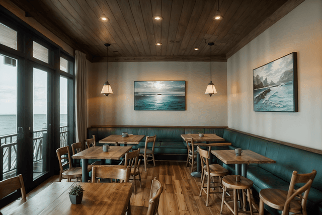 coastal-style (coffee shop interior) . with . . cinematic photo, highly detailed, cinematic lighting, ultra-detailed, ultrarealistic, photorealism, 8k. coastal interior design style.
