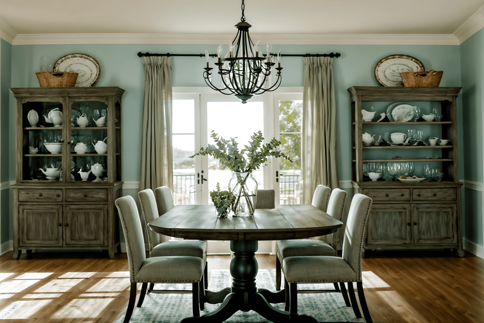 photo from pinterest of coastal-style interior designed (dining room interior) with dining table and painting or photo on wall and vase and table cloth and bookshelves and plant and light or chandelier and plates, cutlery and glasses on dining table. . with . . cinematic photo, highly detailed, cinematic lighting, ultra-detailed, ultrarealistic, photorealism, 8k. trending on pinterest. coastal interior design style.