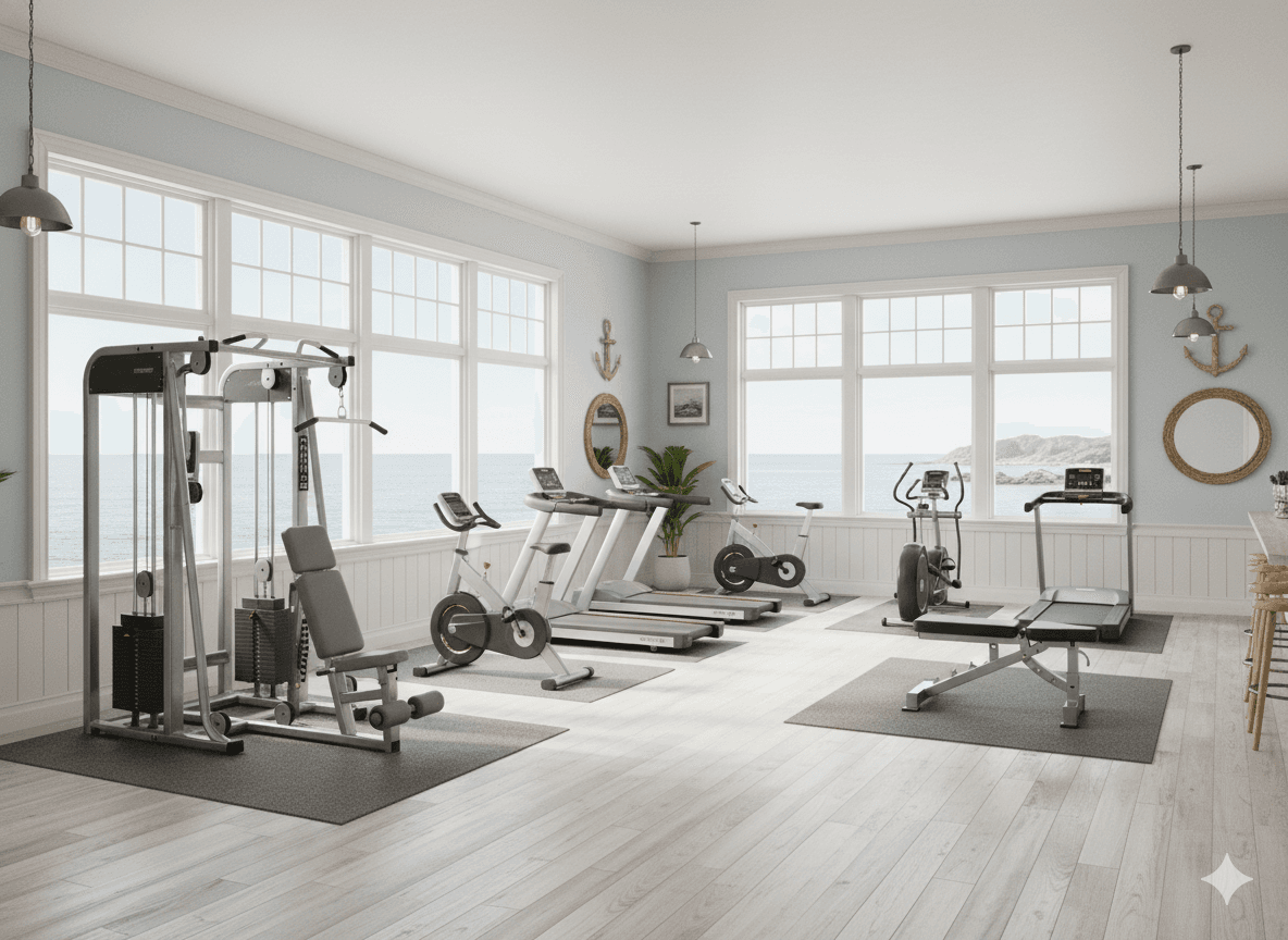 photo from pinterest of coastal-style interior designed (fitness gym interior) with exercise bicycle and squat rack and crosstrainer and bench press and dumbbell stand and exercise bicycle. . with . . cinematic photo, highly detailed, cinematic lighting, ultra-detailed, ultrarealistic, photorealism, 8k. trending on pinterest. coastal interior design style.