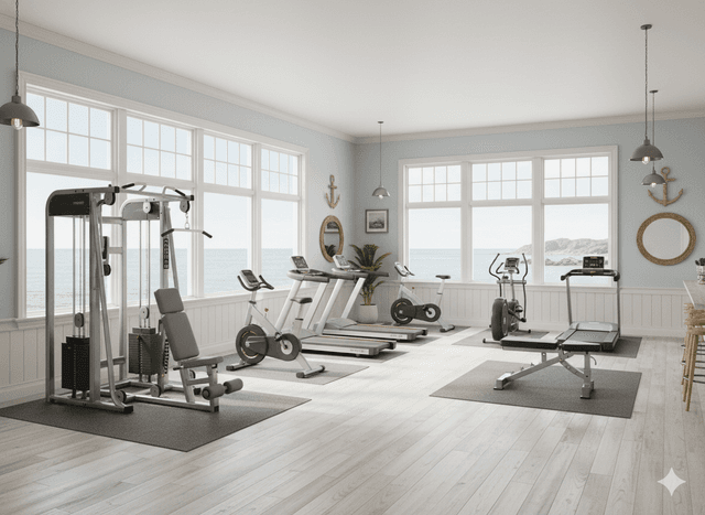photo from pinterest of coastal-style interior designed (fitness gym interior) with exercise bicycle and squat rack and crosstrainer and bench press and dumbbell stand and exercise bicycle. . with . . cinematic photo, highly detailed, cinematic lighting, ultra-detailed, ultrarealistic, photorealism, 8k. trending on pinterest. coastal interior design style.