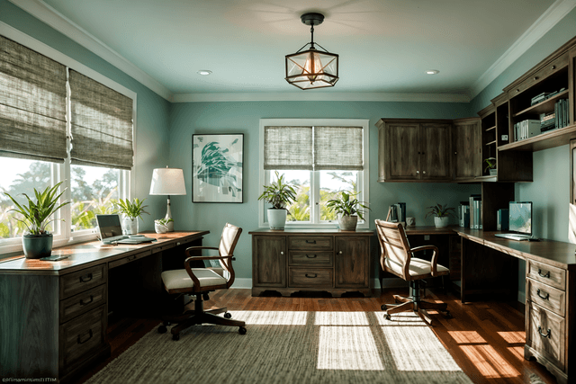 photo from pinterest of coastal-style interior designed (home office interior) with cabinets and desk lamp and plant and office chair and computer desk and cabinets. . with . . cinematic photo, highly detailed, cinematic lighting, ultra-detailed, ultrarealistic, photorealism, 8k. trending on pinterest. coastal interior design style.