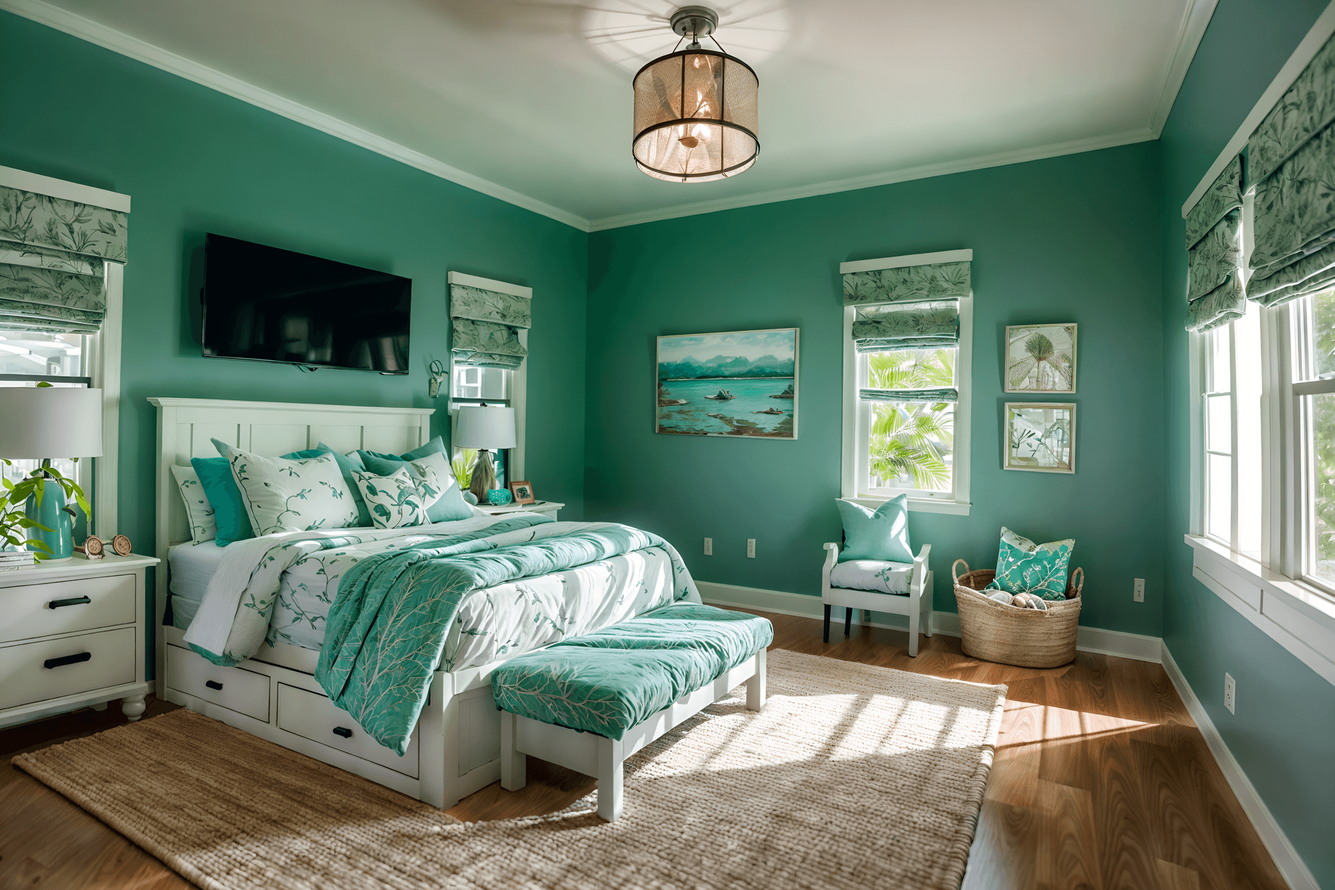 photo from pinterest of coastal-style interior designed (kids room interior) with mirror and kids desk and storage bench or ottoman and dresser closet and headboard and bedside table or night stand and bed and night light. . with . . cinematic photo, highly detailed, cinematic lighting, ultra-detailed, ultrarealistic, photorealism, 8k. trending on pinterest. coastal interior design style.