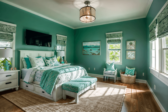 photo from pinterest of coastal-style interior designed (kids room interior) with mirror and kids desk and storage bench or ottoman and dresser closet and headboard and bedside table or night stand and bed and night light. . with . . cinematic photo, highly detailed, cinematic lighting, ultra-detailed, ultrarealistic, photorealism, 8k. trending on pinterest. coastal interior design style.