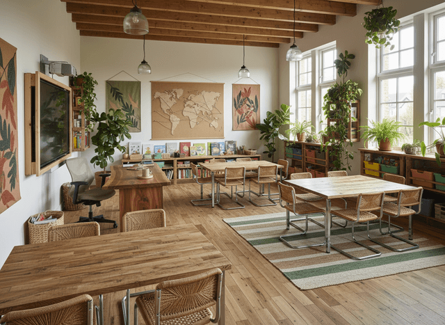 Eco Friendly Classroom interior design - professional eco friendly classroom with sophisticated decor and premium finishes
