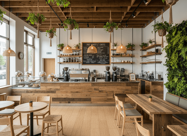 Eco Friendly Coffee Shop interior design - professional eco friendly coffee shop with sophisticated decor and premium finishes