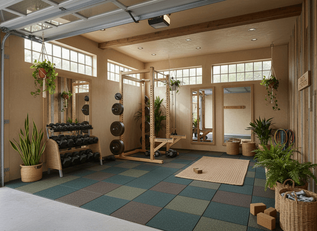 Eco Friendly Garage Gym interior design - professional eco friendly garage gym with sophisticated decor and premium finishes