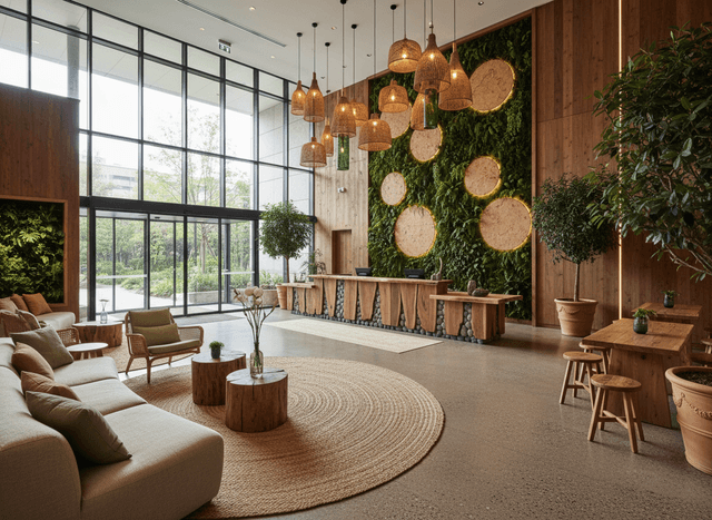 Eco Friendly Hotel Lobby interior design - professional eco friendly hotel lobby with sophisticated decor and premium finishes