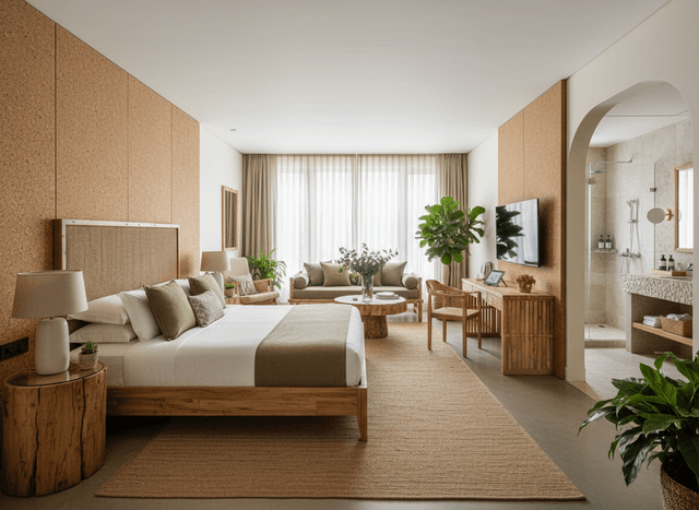 Eco Friendly Hotel Room interior design - professional eco friendly hotel room with sophisticated decor and premium finishes
