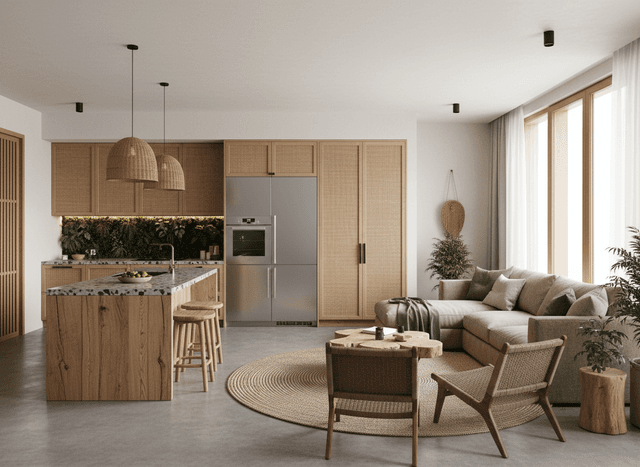 Eco Friendly Kitchen Living Combo interior design - professional eco friendly kitchen living combo with sophisticated decor and premium finishes
