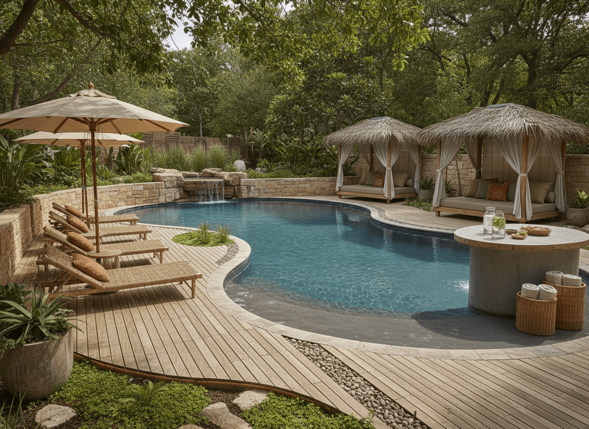 Eco Friendly Outdoor Pool Area interior design - professional eco friendly outdoor pool area with sophisticated decor and premium finishes