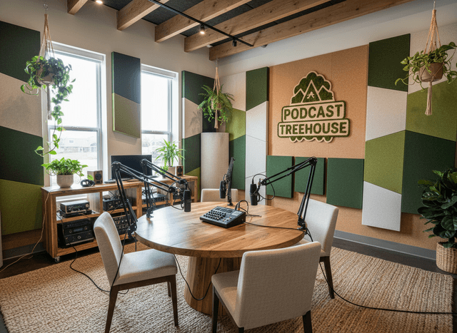Eco Friendly Podcast Studio interior design - professional eco friendly podcast studio with sophisticated decor and premium finishes