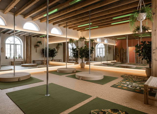 Eco Friendly Pole Dance Studio interior design - professional eco friendly pole dance studio with sophisticated decor and premium finishes