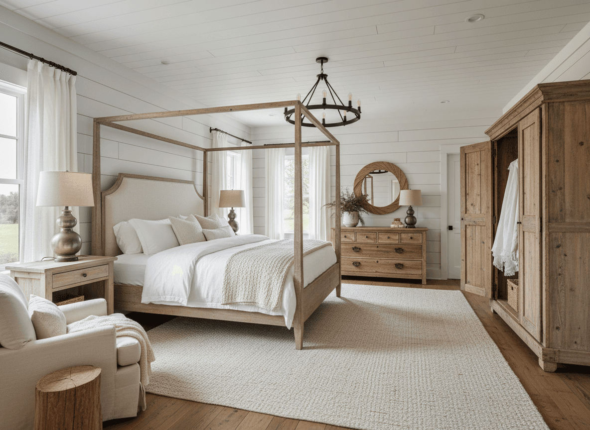 Farmhouse Bedroom interior design - professional farmhouse bedroom with sophisticated decor and premium finishes