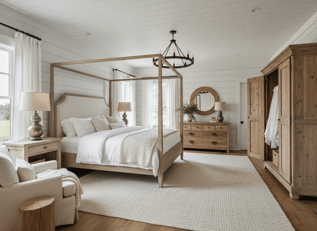 Farmhouse Bedroom interior design - professional farmhouse bedroom with sophisticated decor and premium finishes