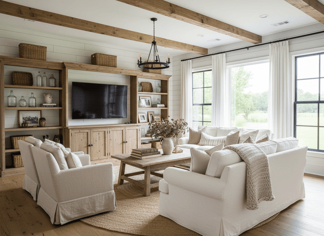 Farmhouse Living Room interior design - professional farmhouse living room with sophisticated decor and premium finishes