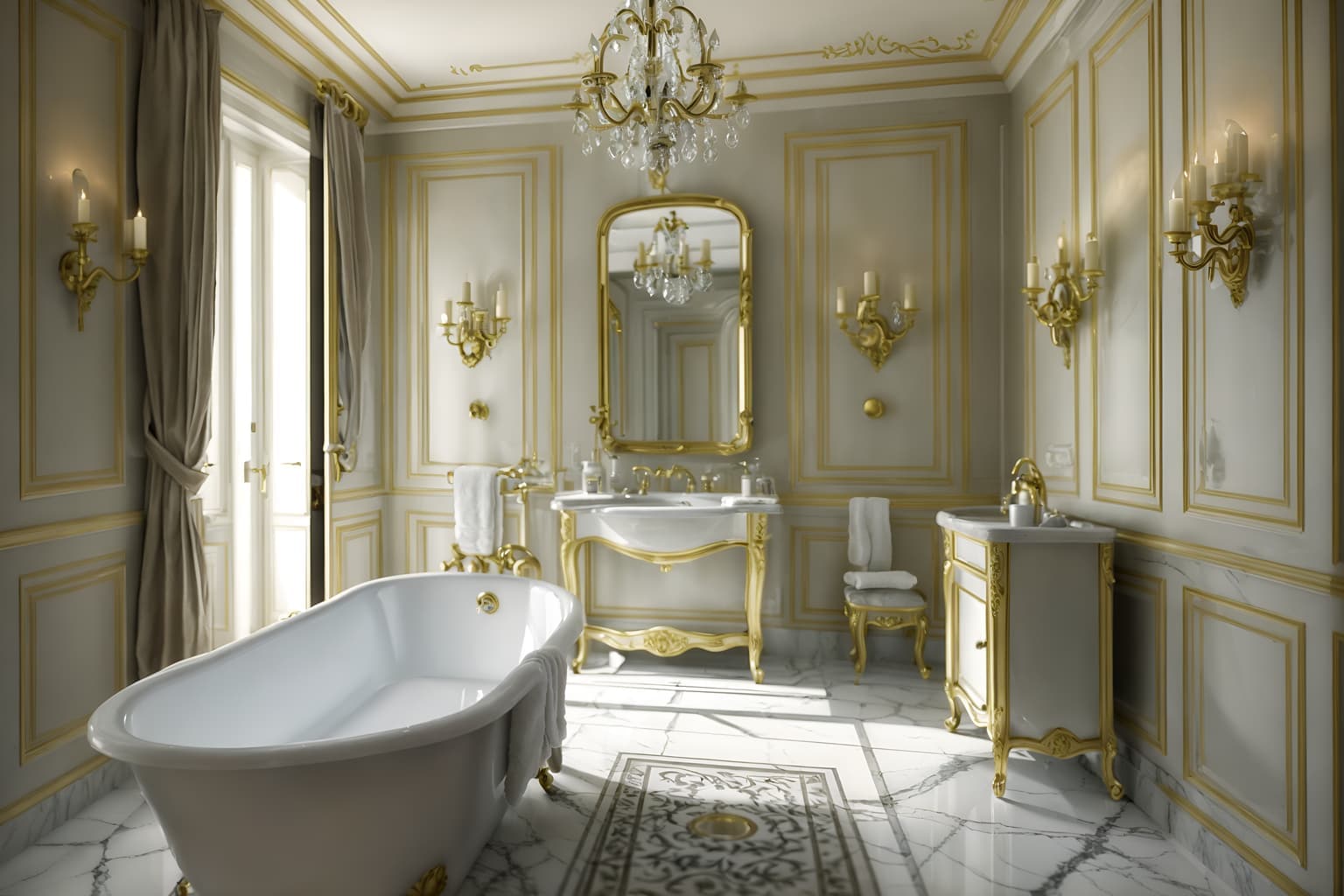 Cinematic French bathroom interior with freestanding soaking tub, antique gold fixtures, marble chevron tile, soft neutral palette, and crystal chandelier, captured in hyper-detailed 8K realism.