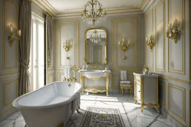 Cinematic French bathroom interior with freestanding soaking tub, antique gold fixtures, marble chevron tile, soft neutral palette, and crystal chandelier, captured in hyper-detailed 8K realism.