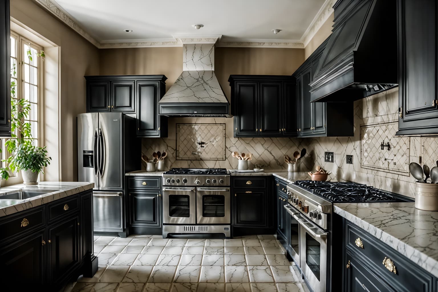 Warm French kitchen interior showing stone range hood, cream inset cabinetry, brass sconces, rustic farmhouse table with fresh florals, and copper cookware, captured in photorealistic 8K resolution.