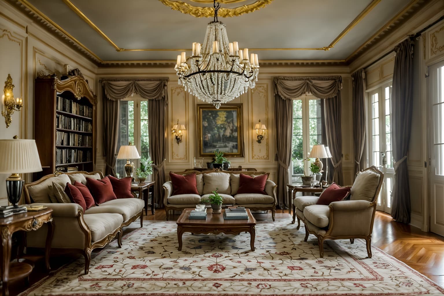 Grand French salon living room with tufted seating, crystal chandelier, pale blue walls, marble fireplace, and antique artwork, illuminated with cinematic light in hyper-realistic 8K detail.