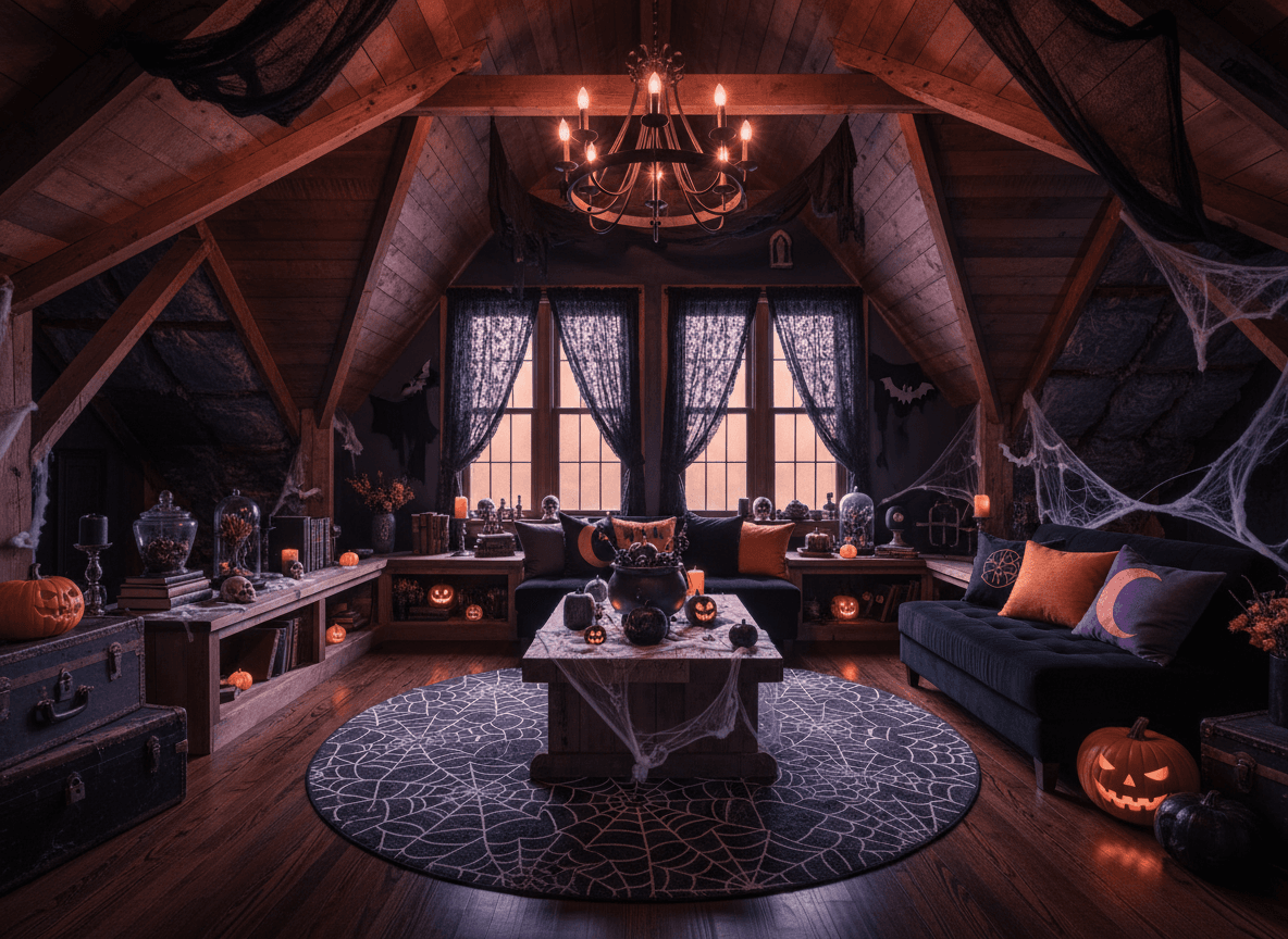 Halloween Attic interior design - professional halloween attic with sophisticated decor and premium finishes