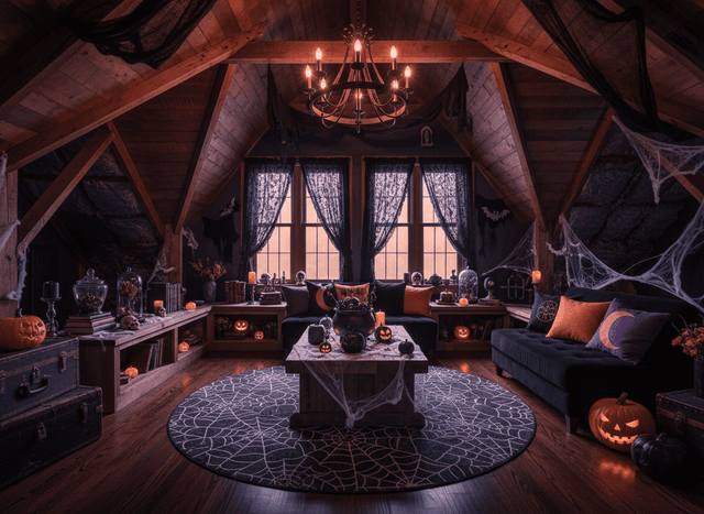 Halloween Attic interior design - professional halloween attic with sophisticated decor and premium finishes