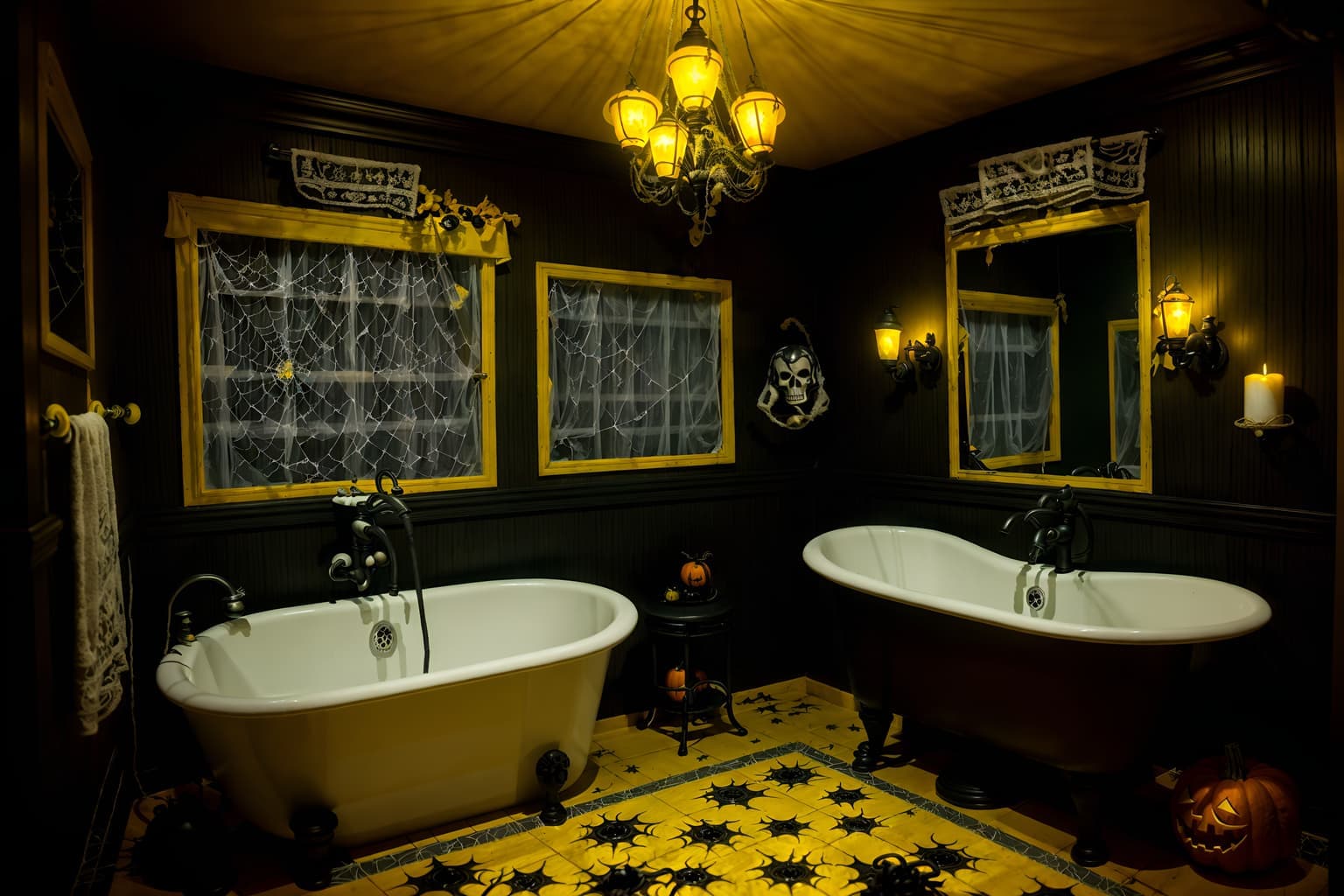 Ultra-detailed Halloween bathroom interior featuring a black clawfoot tub beneath flickering candle sconces, gothic wallpaper, carved pumpkins, and dramatic amber lighting, captured in photorealistic 8K cinematic quality.