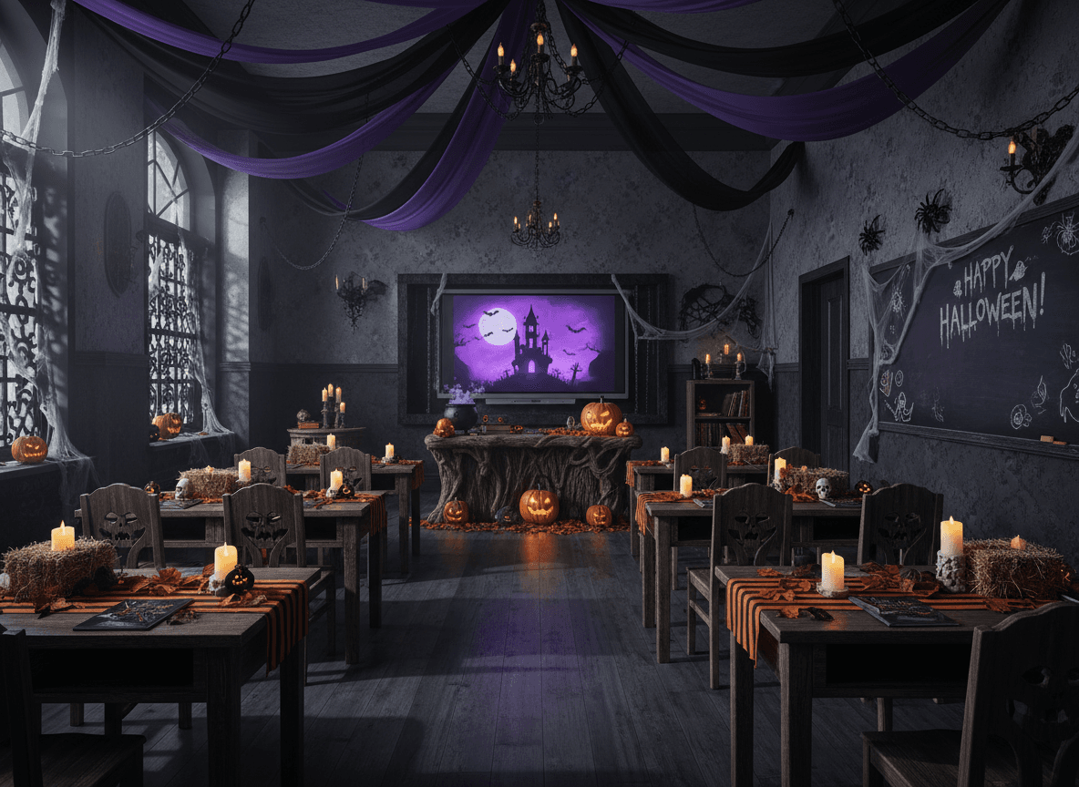 Halloween Classroom interior design - professional halloween classroom with sophisticated decor and premium finishes