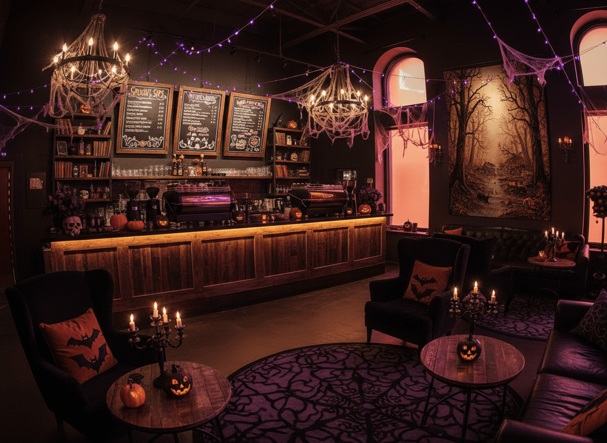 Halloween Coffee Shop interior design - professional halloween coffee shop with sophisticated decor and premium finishes
