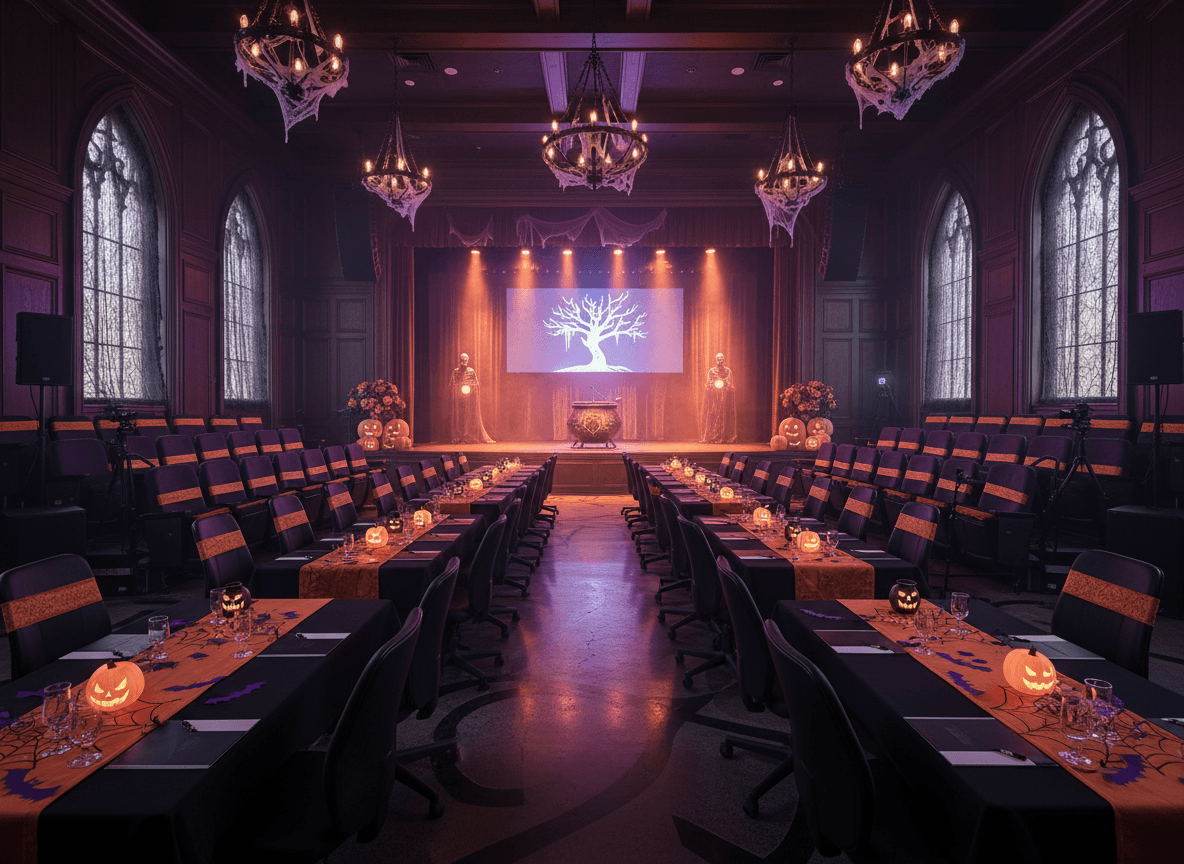 Halloween Conference Hall interior design - professional halloween conference hall with sophisticated decor and premium finishes
