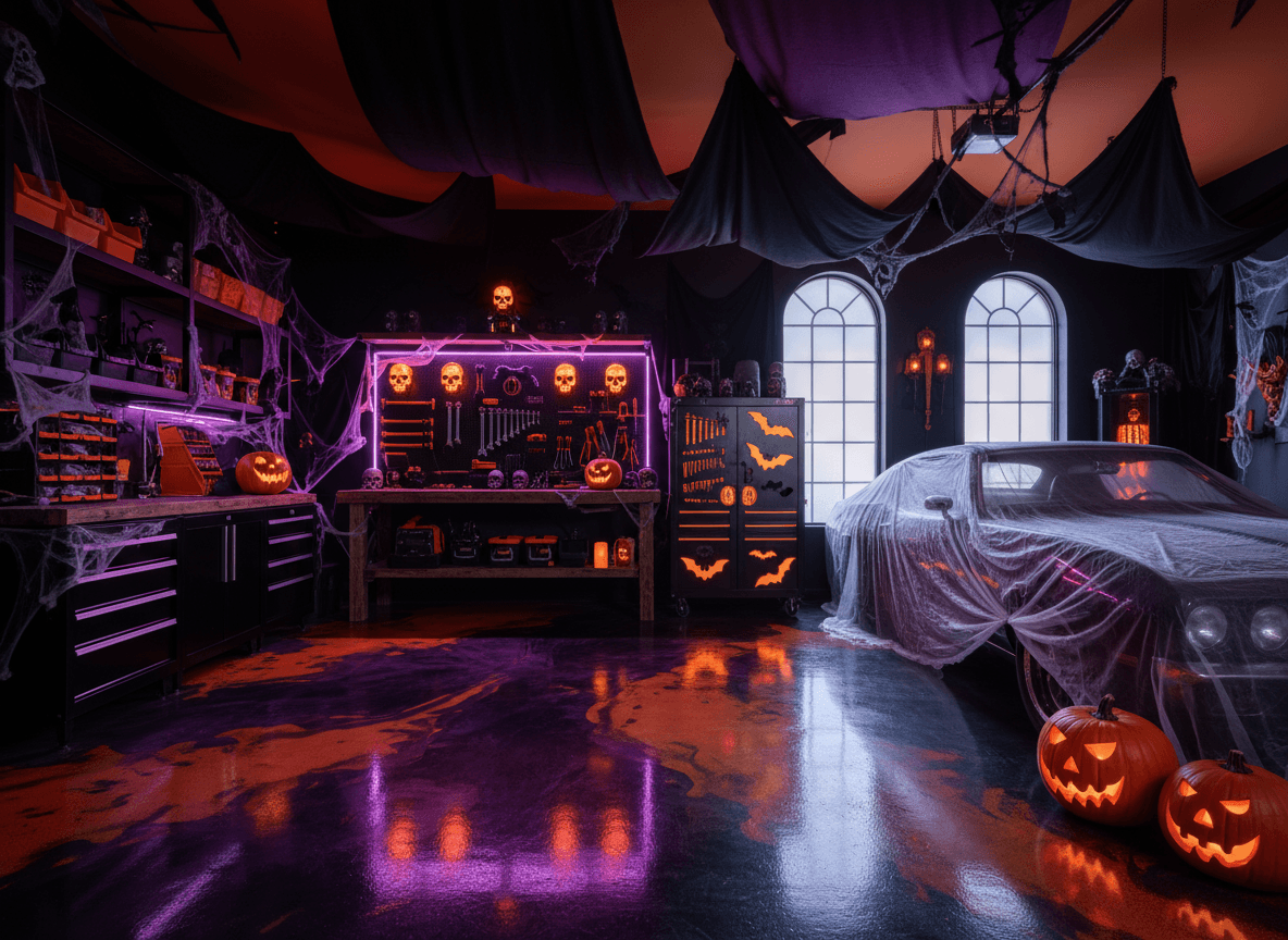Halloween Garage interior design - professional halloween garage with sophisticated decor and premium finishes