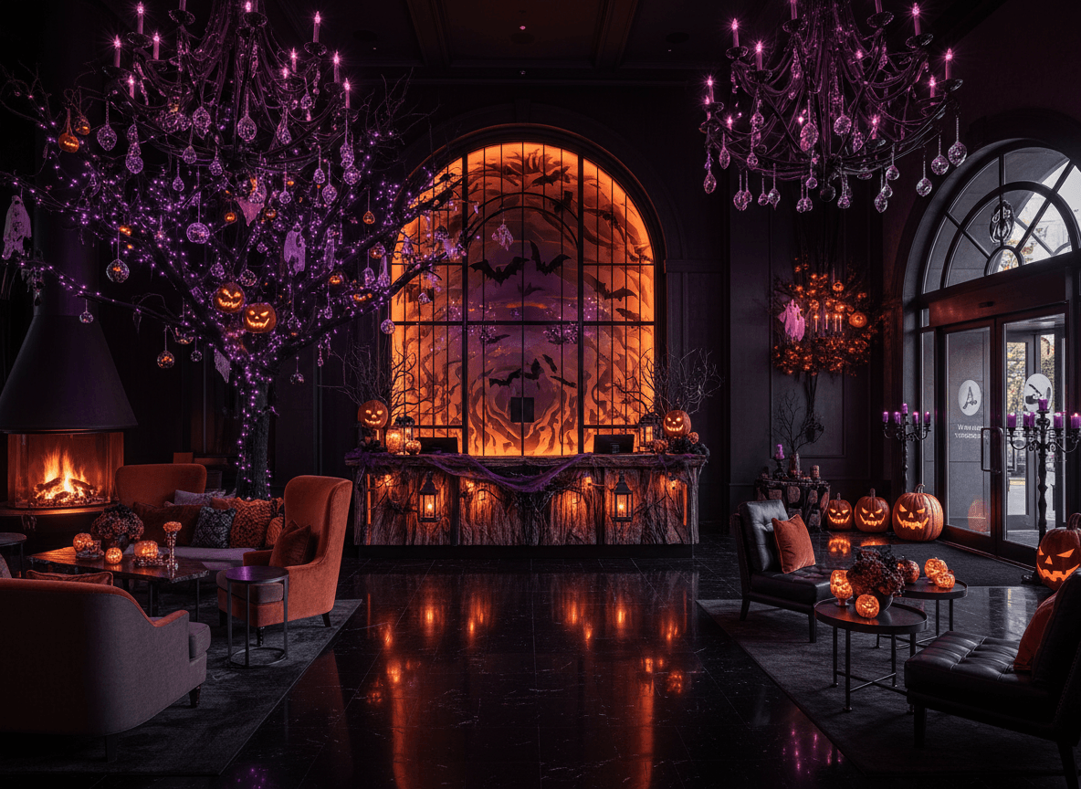Halloween Hotel Lobby interior design - professional halloween hotel lobby with sophisticated decor and premium finishes