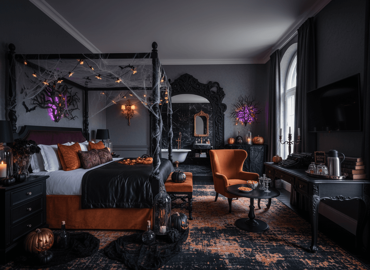 Halloween Hotel Room interior design - professional halloween hotel room with sophisticated decor and premium finishes