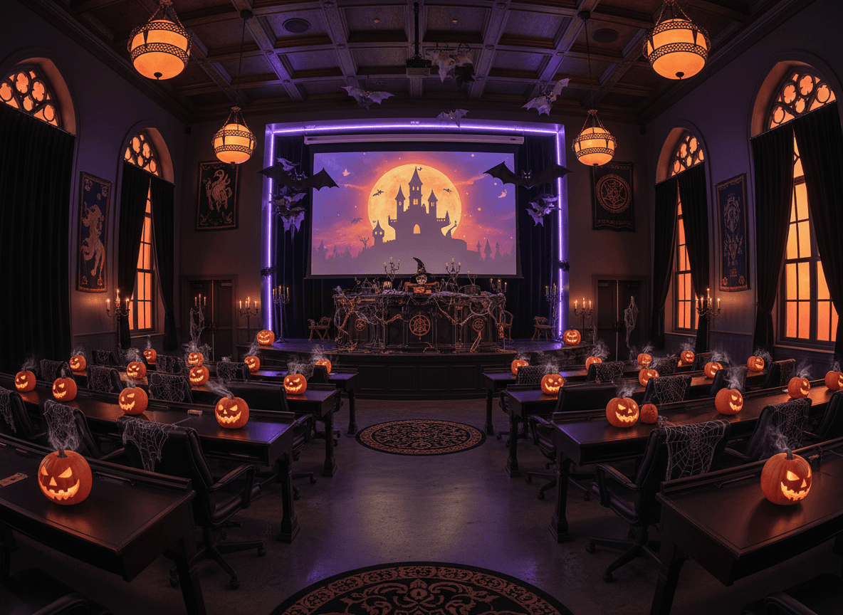Halloween Lecture Hall interior design - professional halloween lecture hall with sophisticated decor and premium finishes