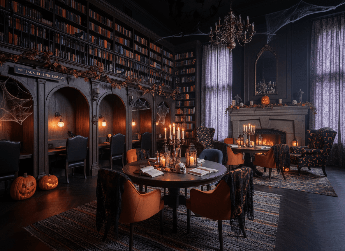 Halloween Library interior design - professional halloween library with sophisticated decor and premium finishes