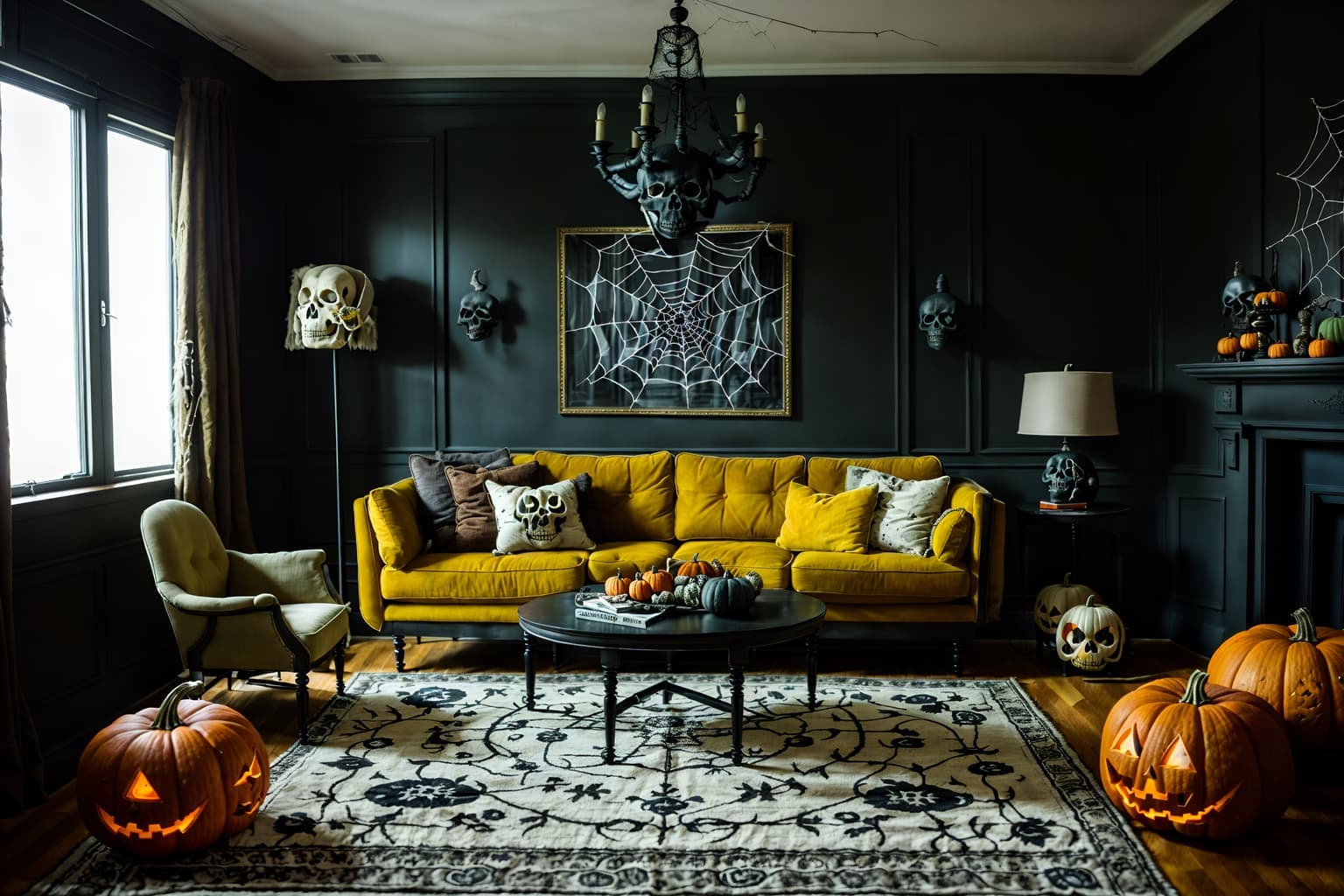 Moody Halloween living room styled with velvet sofa, ornate fireplace, towering candelabras, raven motifs, and seasonal pumpkins bathed in dramatic cinematic light, ultra-detailed 8K quality.