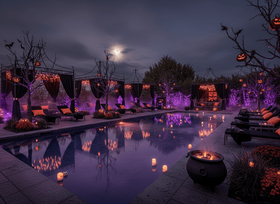 Halloween Outdoor Pool Area interior design - professional halloween outdoor pool area with sophisticated decor and premium finishes