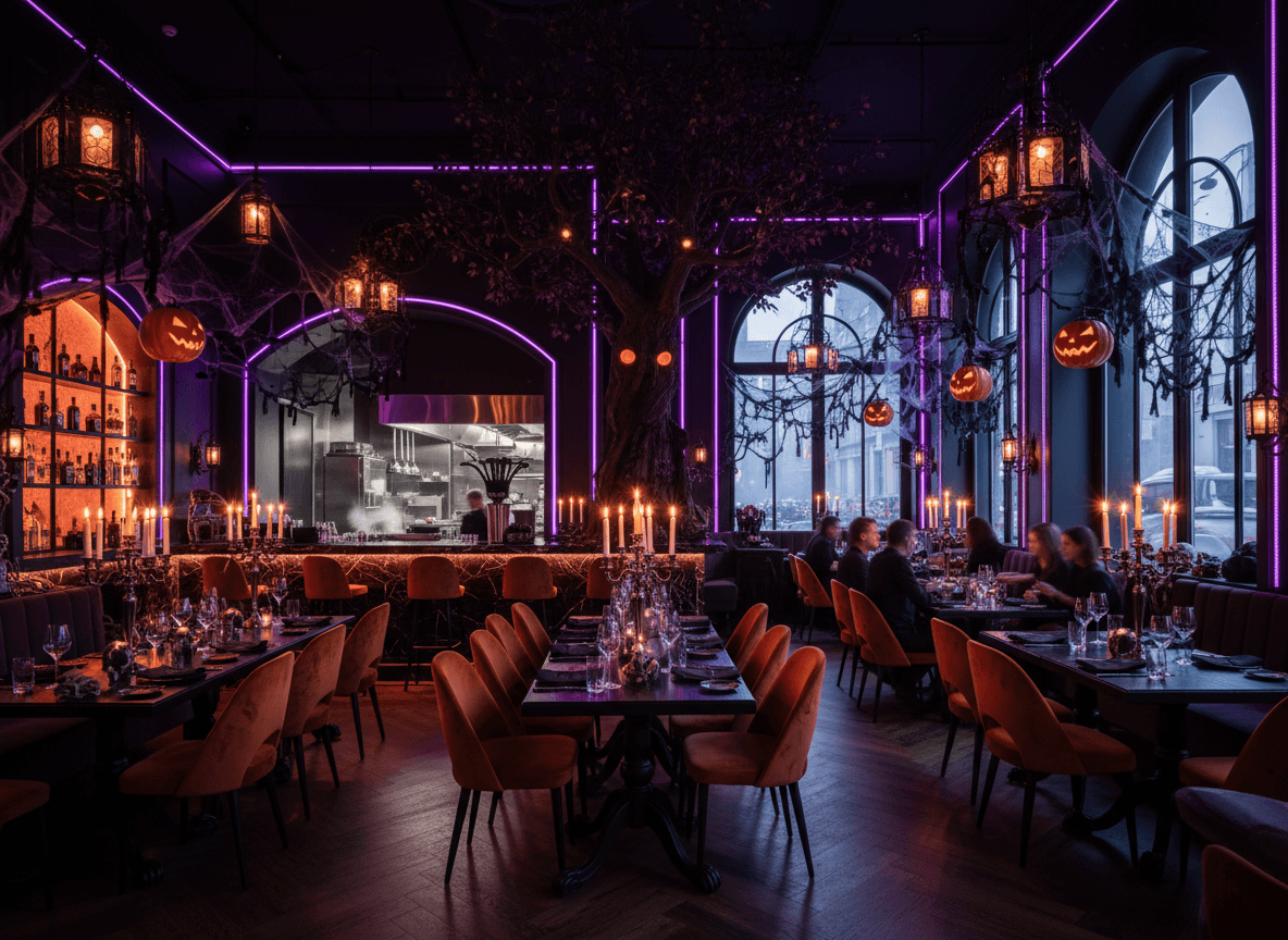 Halloween Restaurant interior design - professional halloween restaurant with sophisticated decor and premium finishes