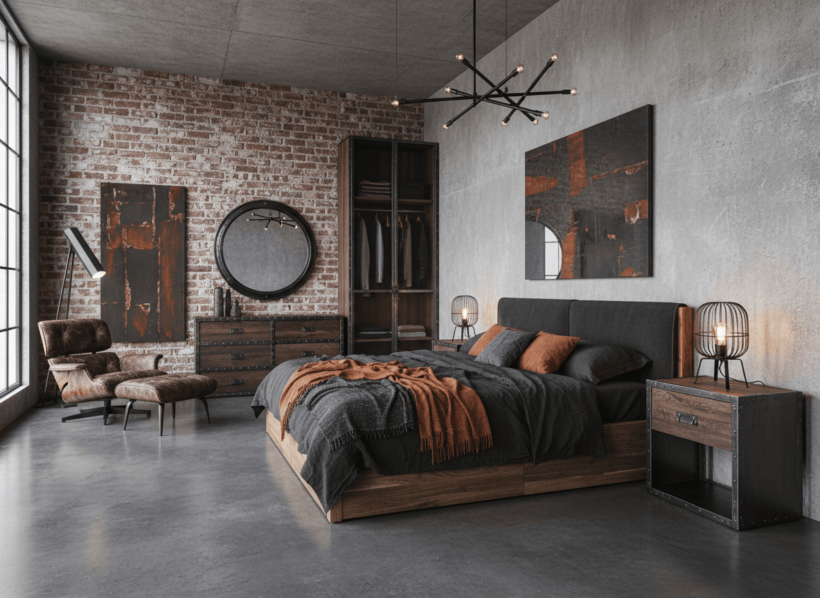 Industrial Bedroom interior design - professional industrial bedroom with sophisticated decor and premium finishes