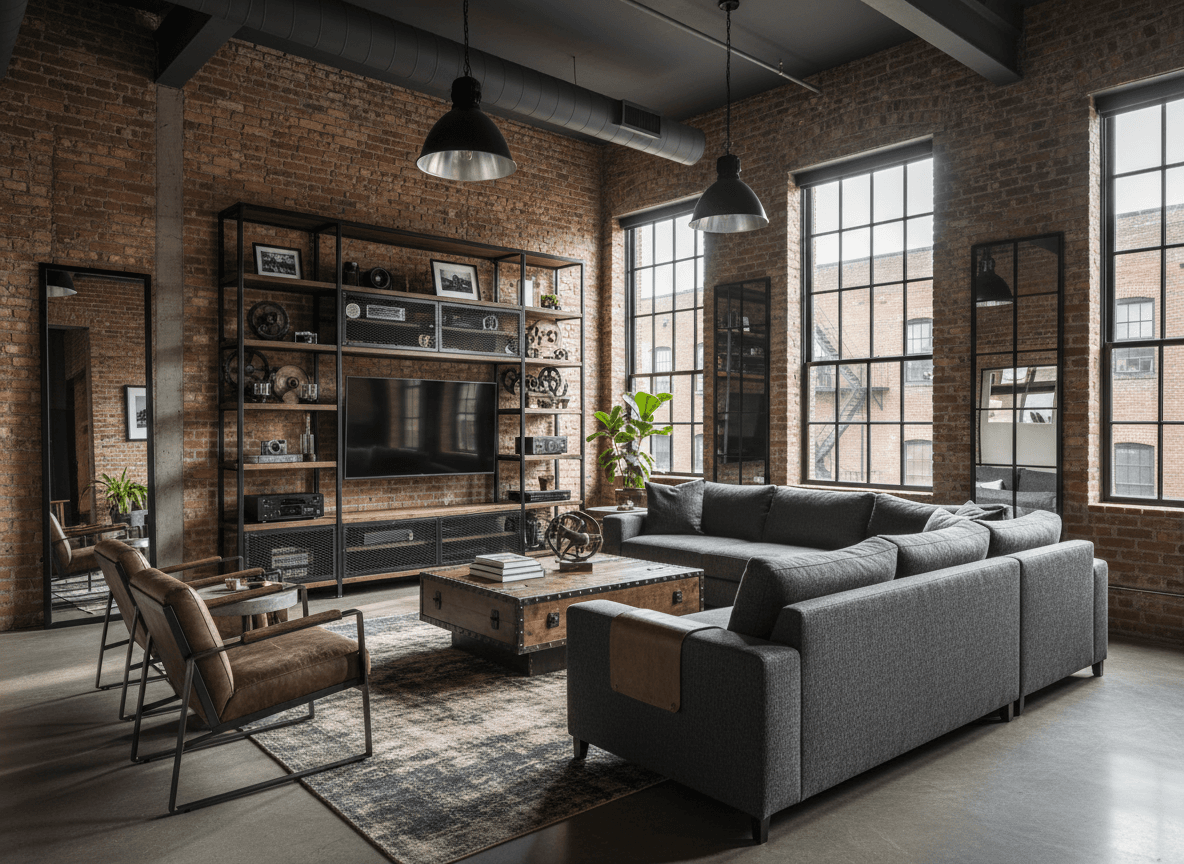 Industrial Living Room interior design - professional industrial living room with sophisticated decor and premium finishes