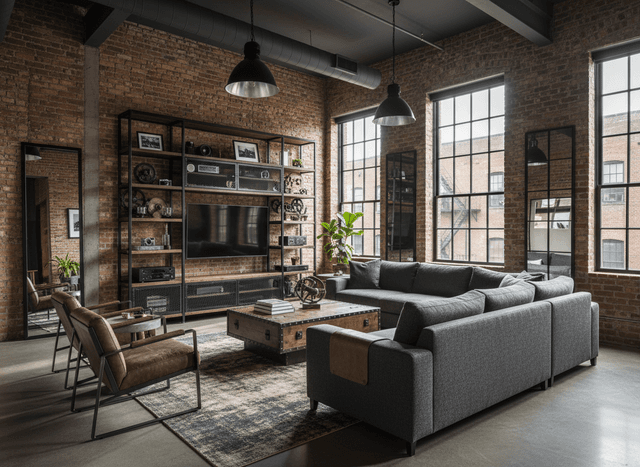 Industrial Living Room interior design - professional industrial living room with sophisticated decor and premium finishes